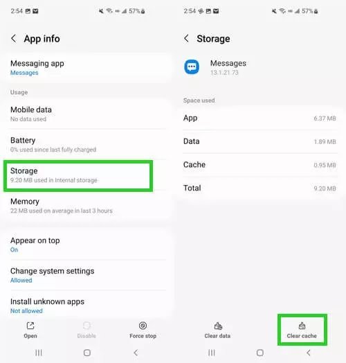 clear cache of message app